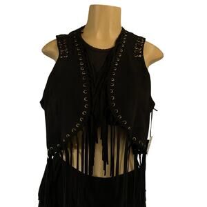 Bisou Bisou Black Fringe Vest Size Large Grommet Boho Festival Western NWT